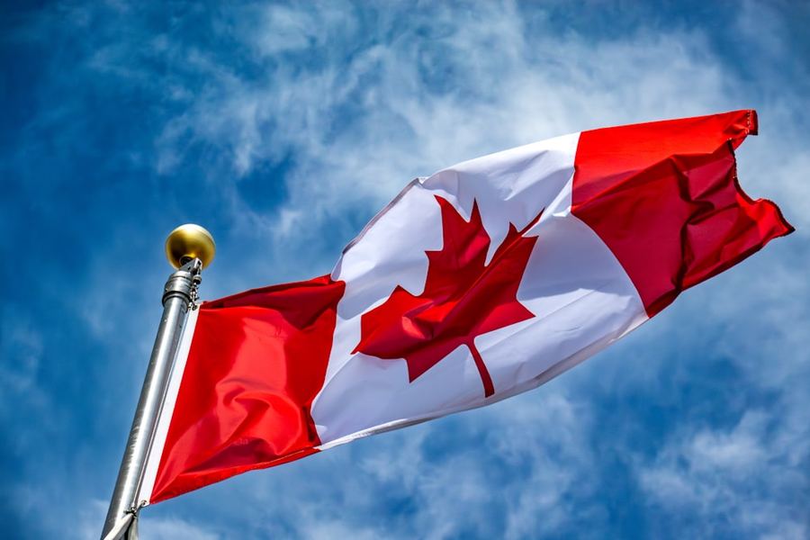 The Canadian flag waving against a blue sky